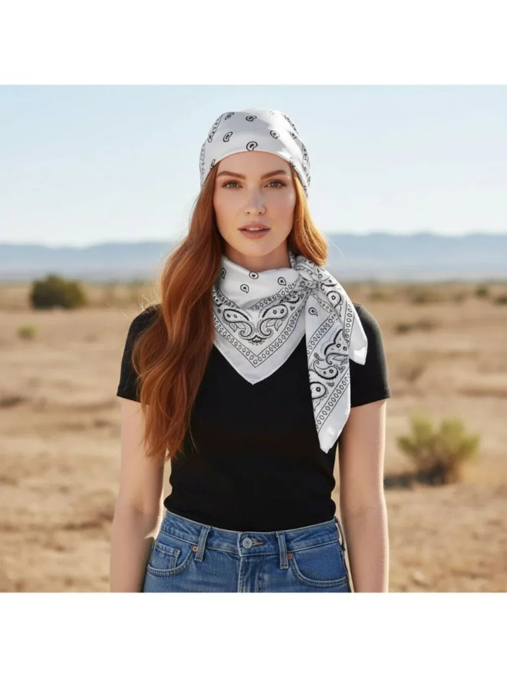 White Black Paisley Wild Rag Scarf 35x35 Satin Western Cowgirl Cowboy Bandana